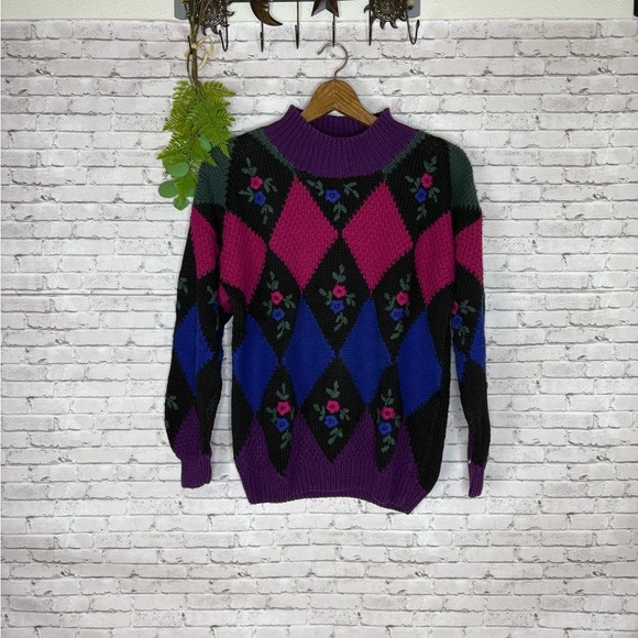 Vintage Bright Dopamine Dressing Floral Argyle Knit Sweater - Picture 2 of 5